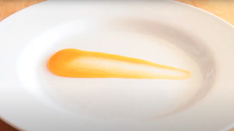 a citrus gastrique spooned on a white plate