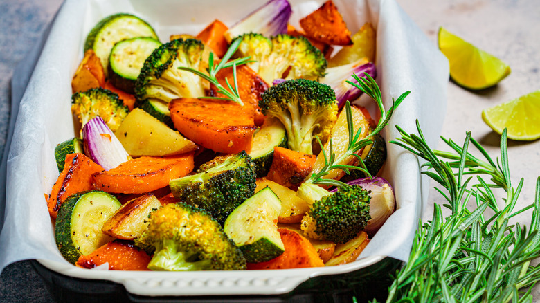 Roasted sweet potato, broccoli, and onion