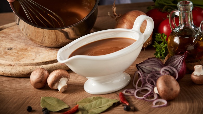 Gravy in white tureen on tabletop