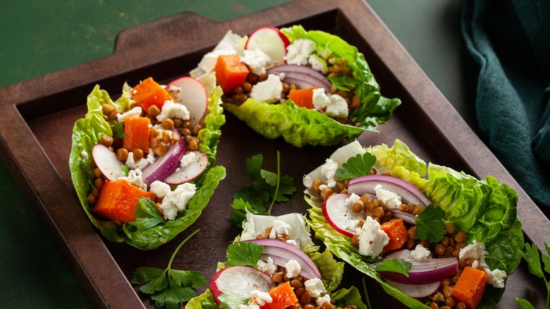 Lettuce boat tacos on tray