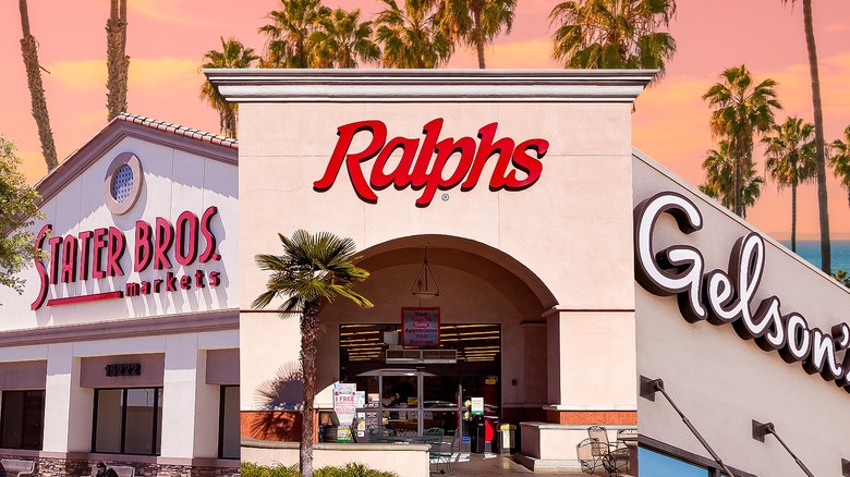 3 grocery store storefronts in front of palm trees