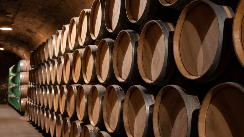 wine cellar with oak barrels