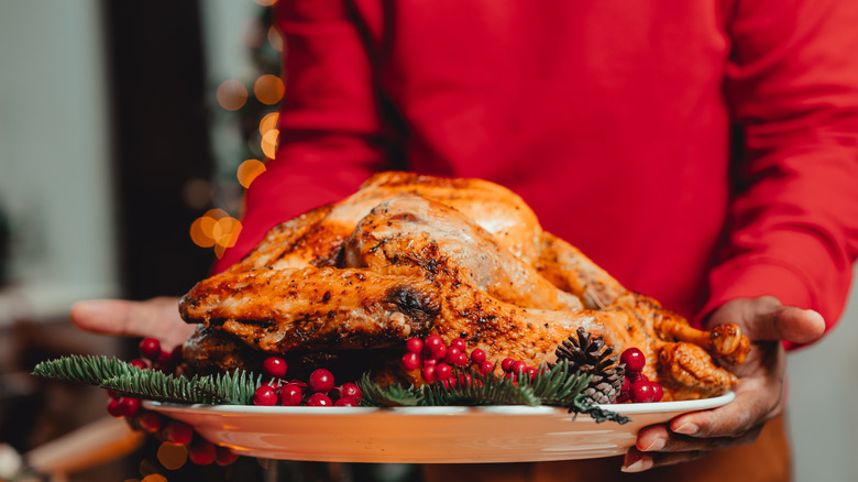 person holding Christmas turkey