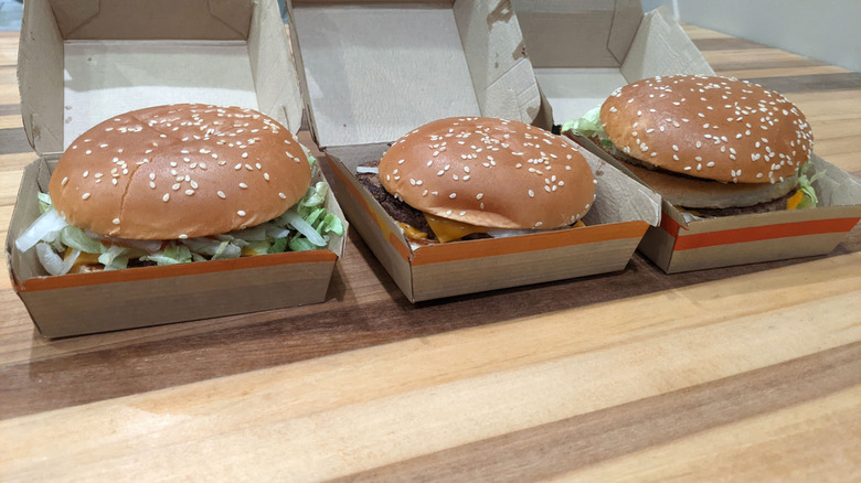 McDonald's quarter pounders and Big Mac lined up in boxes