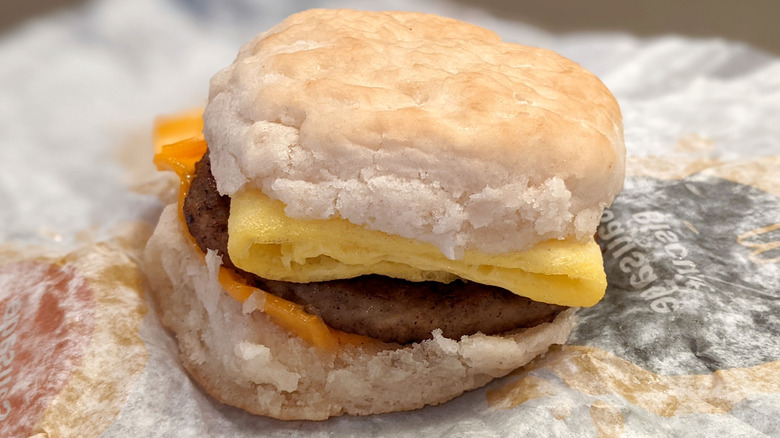 McDonald's sausage egg and cheese biscuit on wrapper