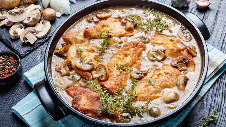 Creamy chicken marsala in skillet