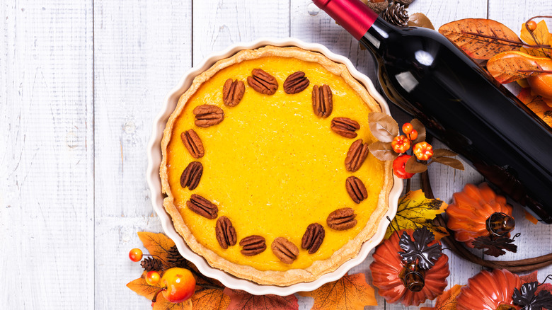 sweet potato pie and red wine bottle