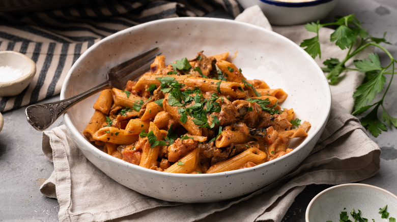 Plate of penne boscaiola