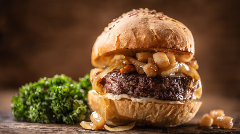 Caramelized onions on a burger