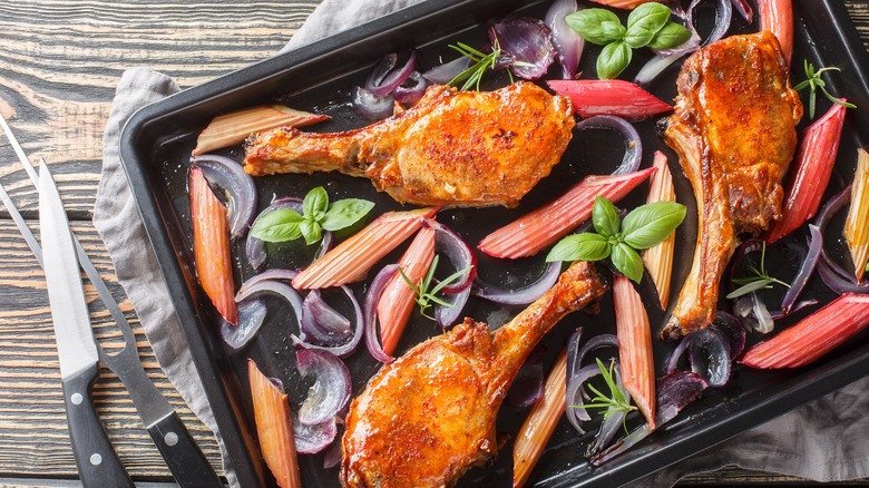 pork chops with rhubarb in pan