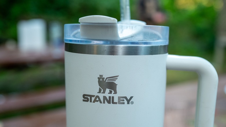 close-up of Stanley tumbler outdoors