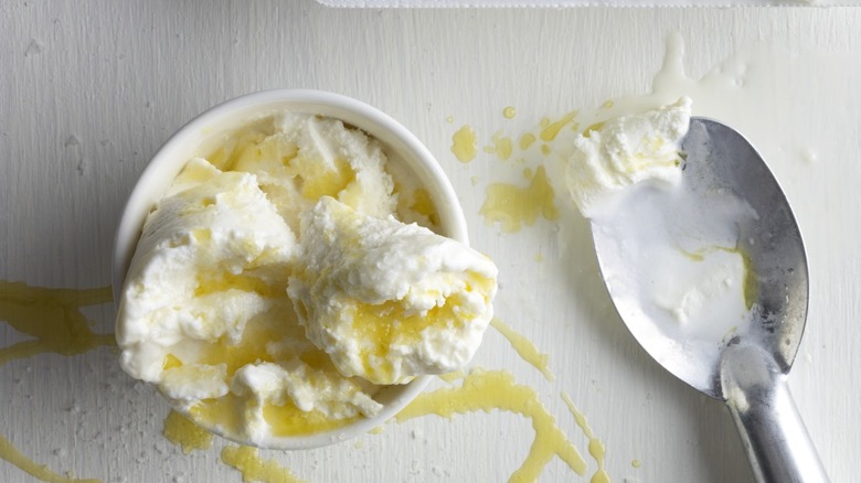 scoop of vanilla ice cream drizzled with oil