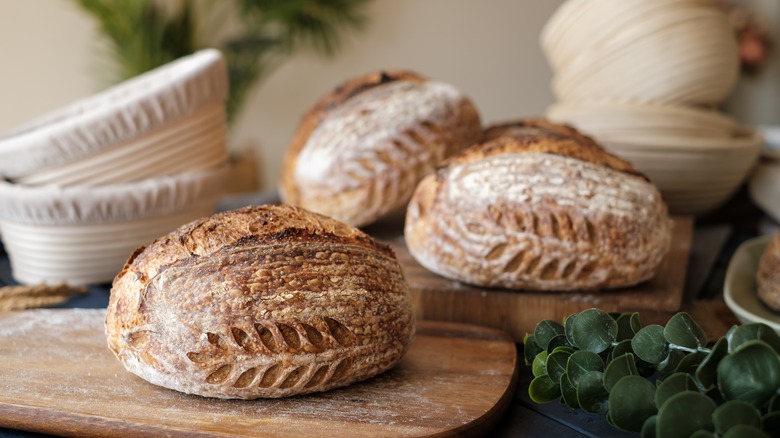 sourdough bread with scored leaf pattern