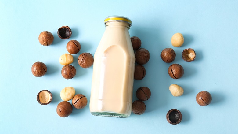 macadamia milk bottle with nuts