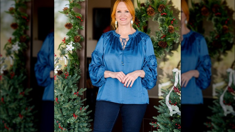 Ree Drummond in blue shirt at Christmastime 