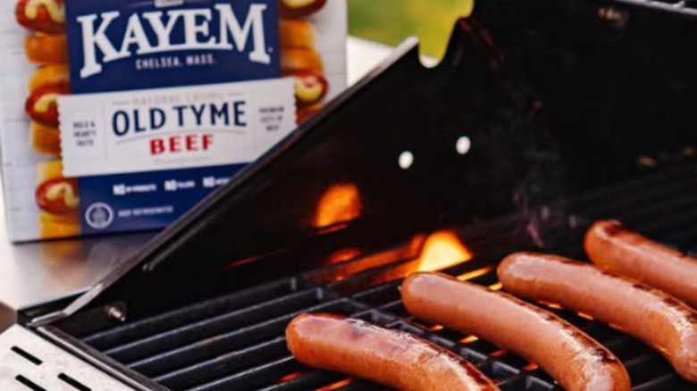 Kayem Old Tyme Beef hot dogs on the grill