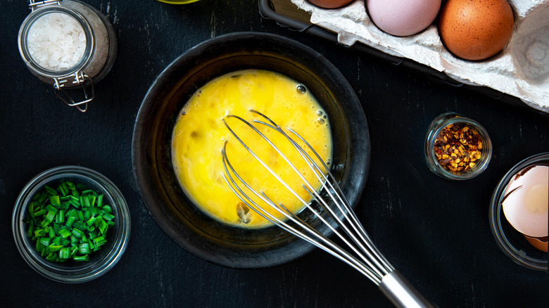 Top down of beaten eggs for omelet