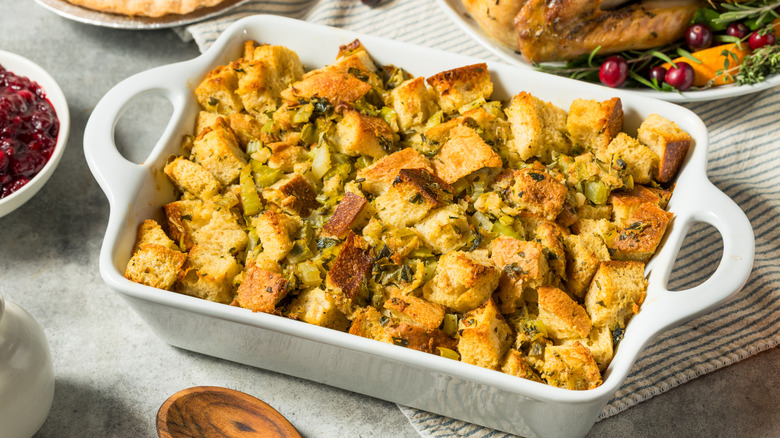 A tray of homemade turkey stuffing