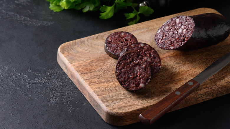 Blood sausage on wooden tray