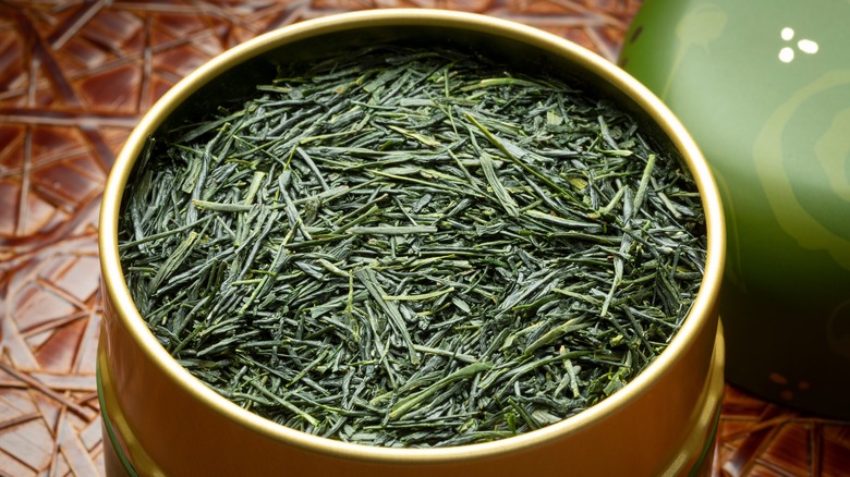 sencha leaves in a container