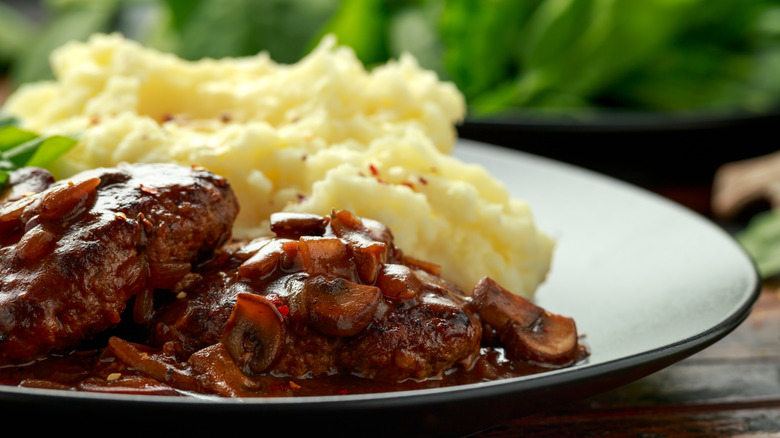 Salisbury steak with mushroom gravy and mashed potatoes