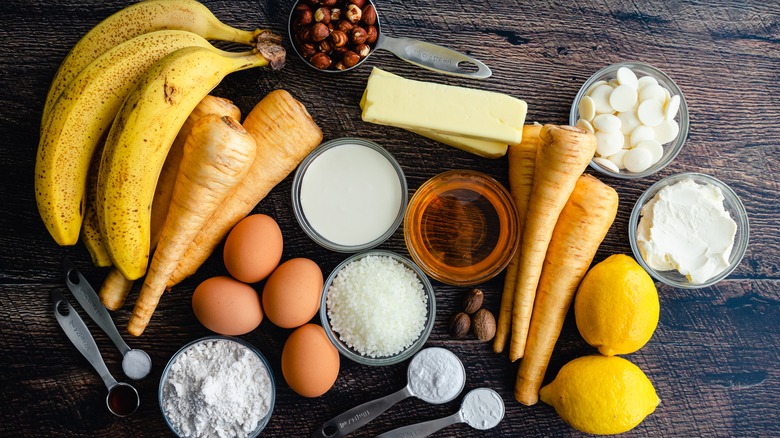 Ingredients for a banana parsnip cake