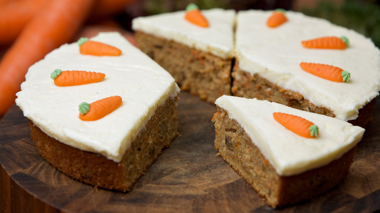 Carrot cake sliced on board