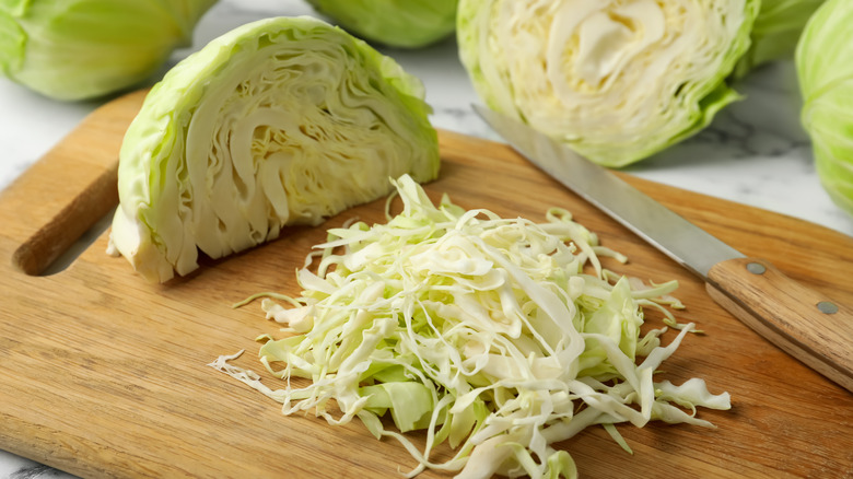 chopped cabbage on cutting board