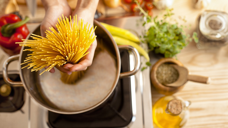 Uncooked pasta in pot