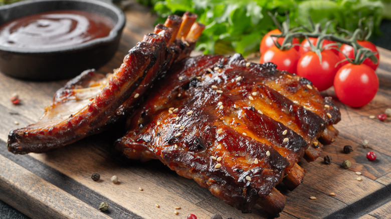 Ribs, barbecue sauce, and tomatoes
