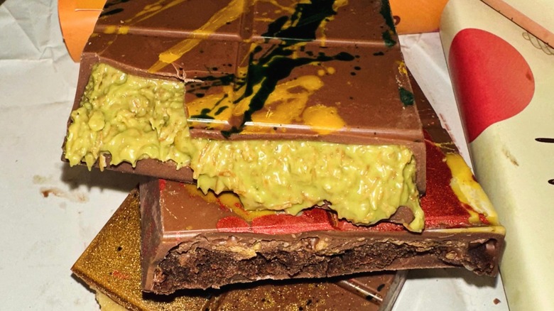 Close-up of a stack of several stuffed chocolate bars