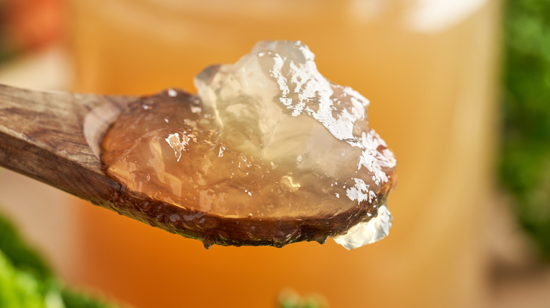 gelztinized broth on a wood spoon