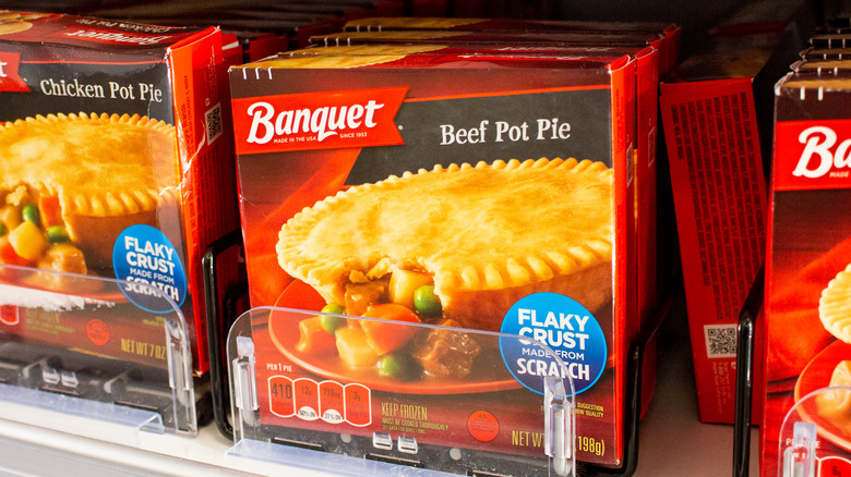 Frozen pot pies on shelf