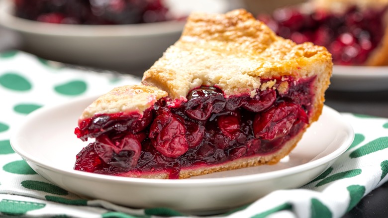 Close-up of a plated slice of cherry pie