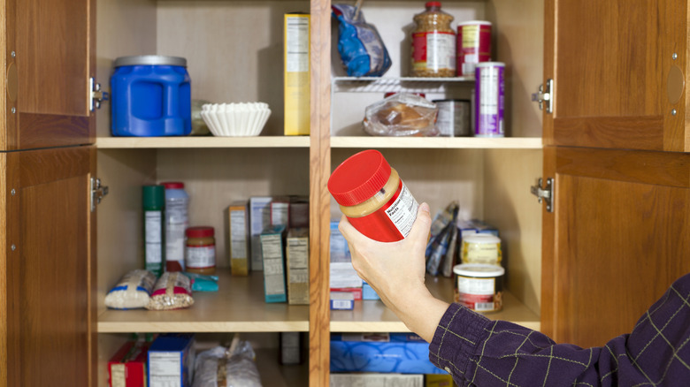 Person retrieving food from an upper kitchen cabinet