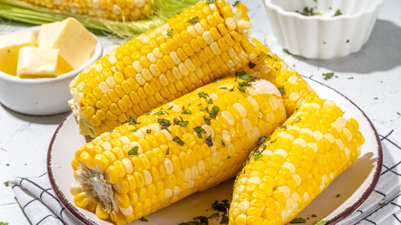 Boiled corn cobs with herbs and butter