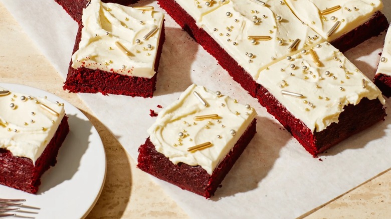 Red velvet sheet cake with cream cheese frosting