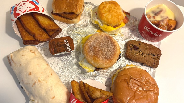 Nine Wendy's breakfast items on white table