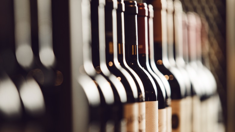 row of stored wine bottles