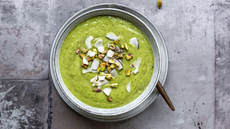 A bowl of bright green split pea soup