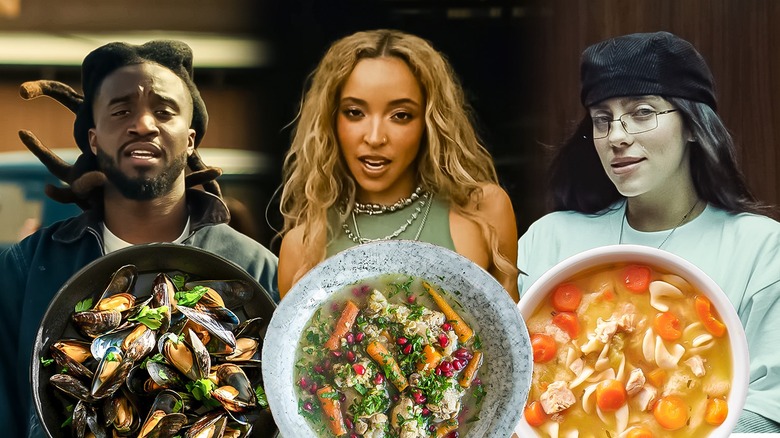 Collage of Shaboozey, Tinashe, and Billie Eilish soups