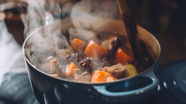 A steaming pot of beef stew