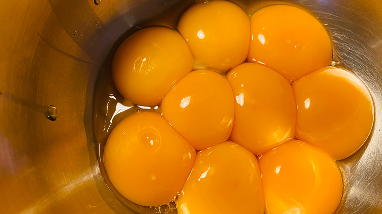 nine egg yolks in bowl