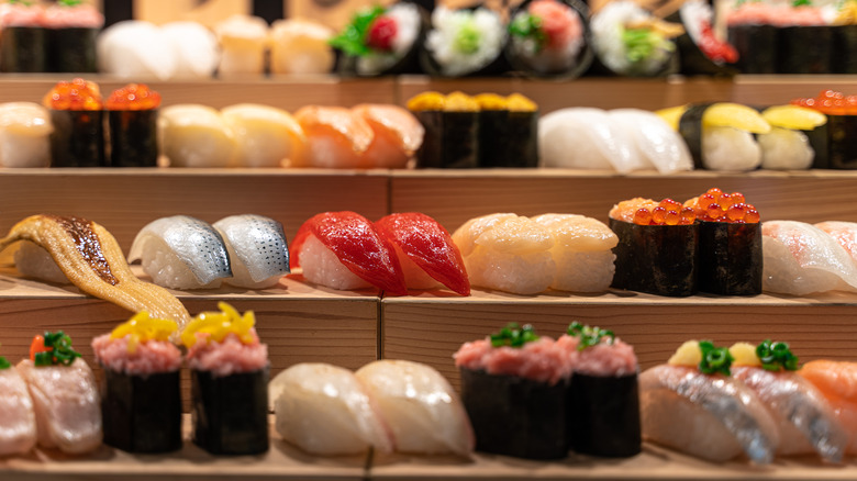 nigiri sushi on wooden steps