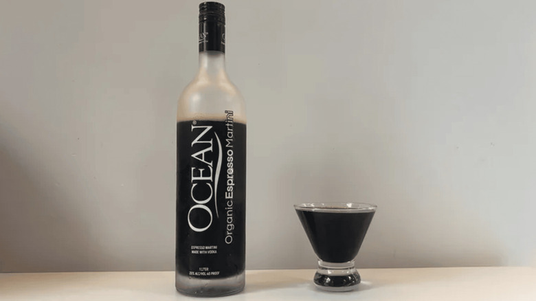 Glass and bottle of Ocean Organic Espresso Martini