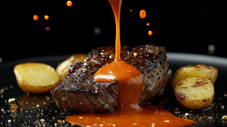 someone drizzling steak sauce on a steak