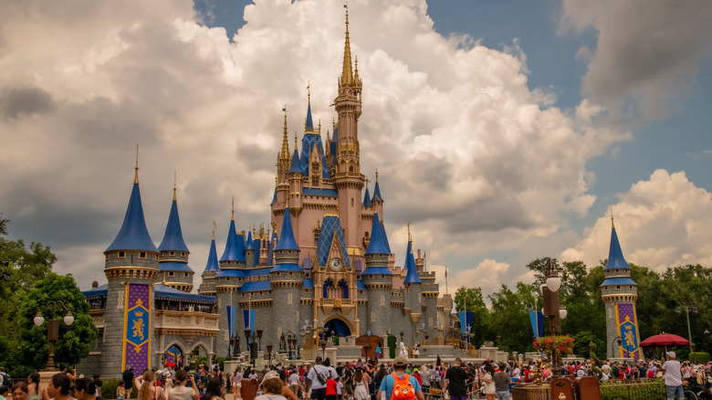 A front view of Cinderella's Castle at Magic Kingdom in Orlando, Florida.