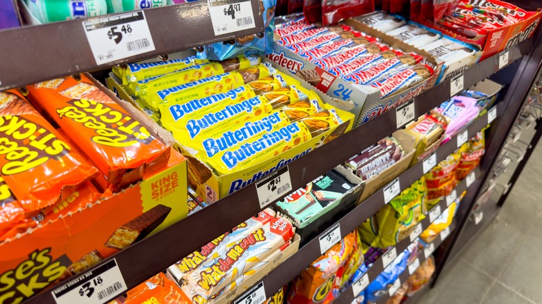 An assortment of candy bars at a store