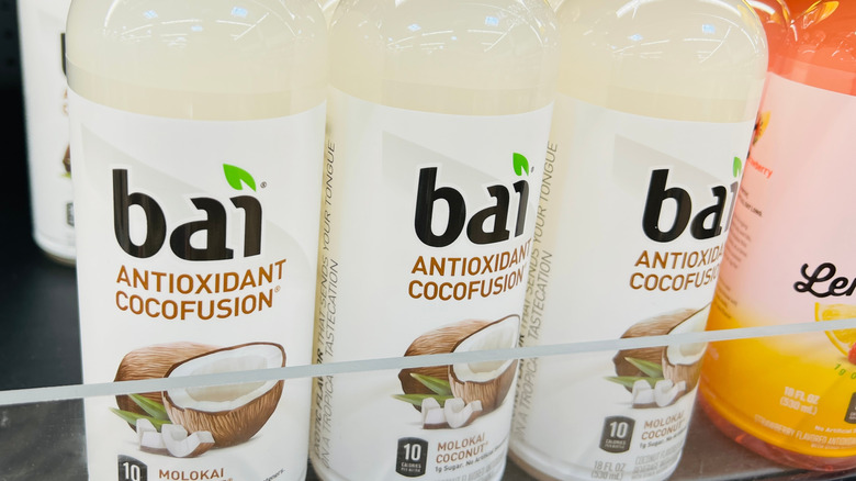 A batch of Bai coconut water on a shelf