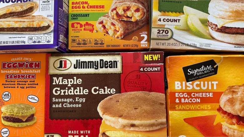 packages of various frozen breakfast sandwiches